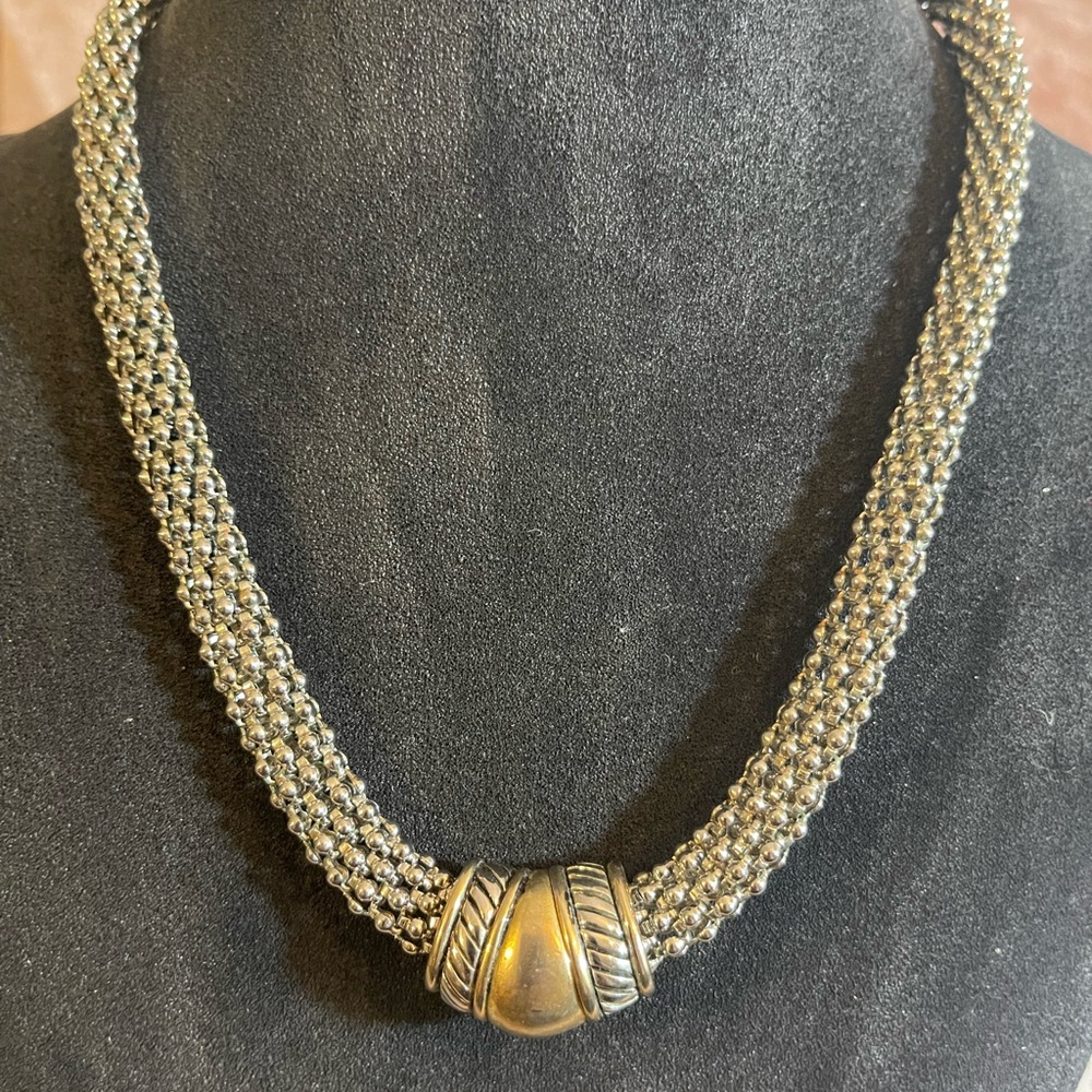 Silver & Gold Tone Heavy Necklace.  Decorative Front Magnetic Closure